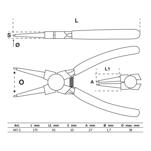 BGS Pinza per anelli elastici, dritta, per anelli elastici interni