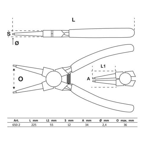 BGS Pinza per anelli elastici, dritta, per anelli elastici interni