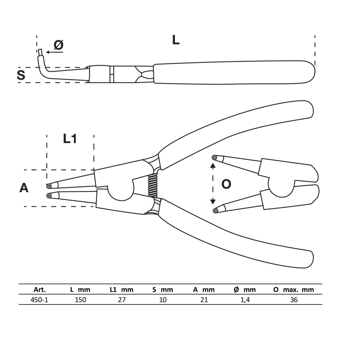 BGS Pinza per anelli elastici, piegata, per anelli elastici esterni
