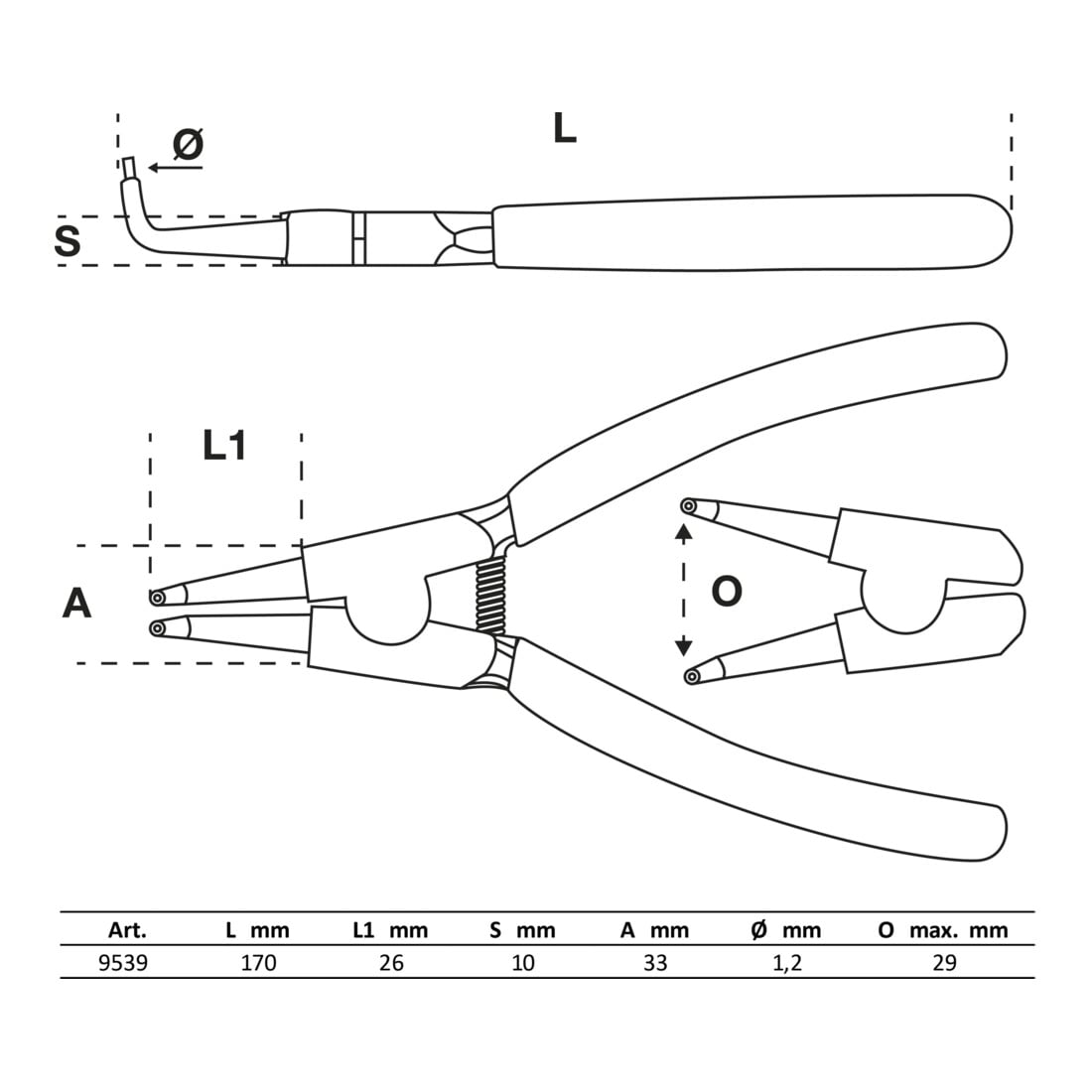 BGS Pinza per anelli seeger, 90°, per seeger esterni, 165 mm