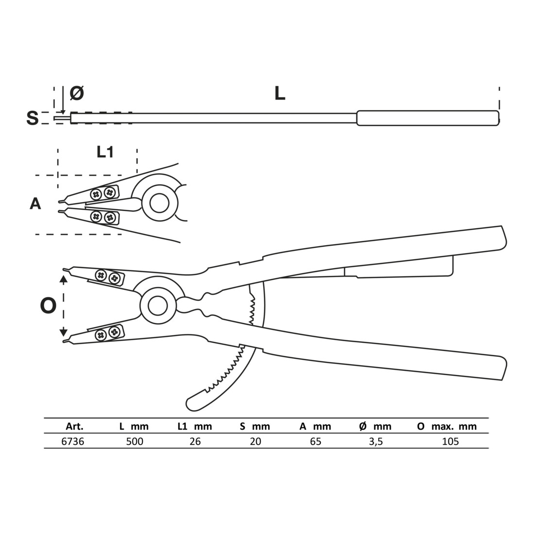 BGS Pinza per anelli seeger, dritta, per seeger esterni, 500 mm