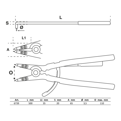 BGS Pinza per anelli seeger, piegata, per seeger esterni, 500 mm