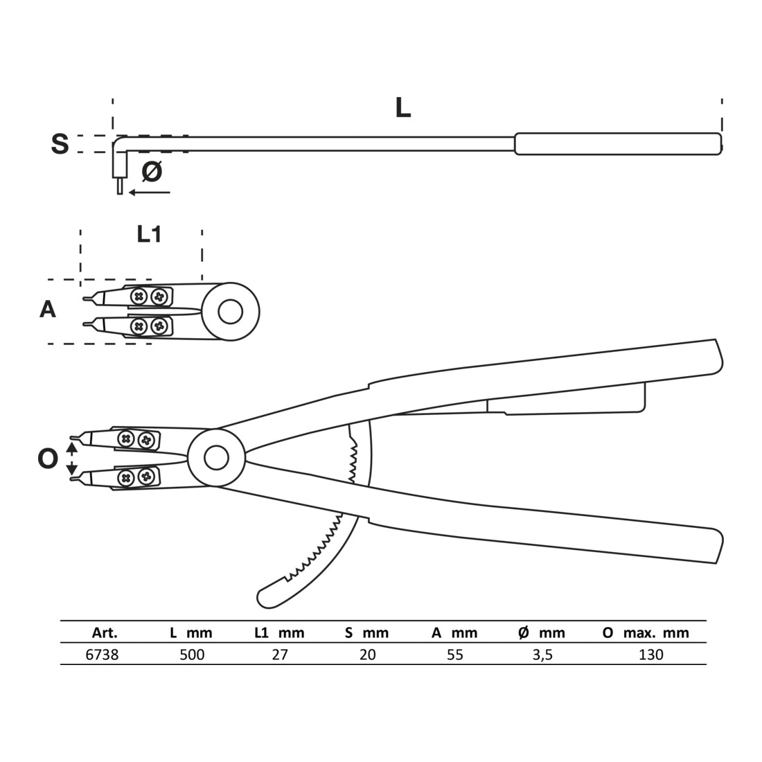 BGS Pinza per anelli seeger, piegata, per seeger interni, 500 mm