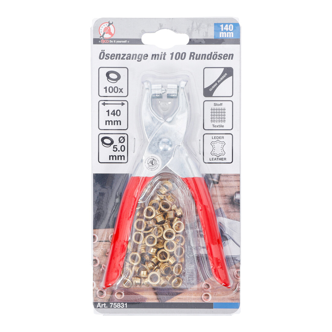 BGS Pinza per occhielli con 100 occhielli rotondi, 5,0 mm