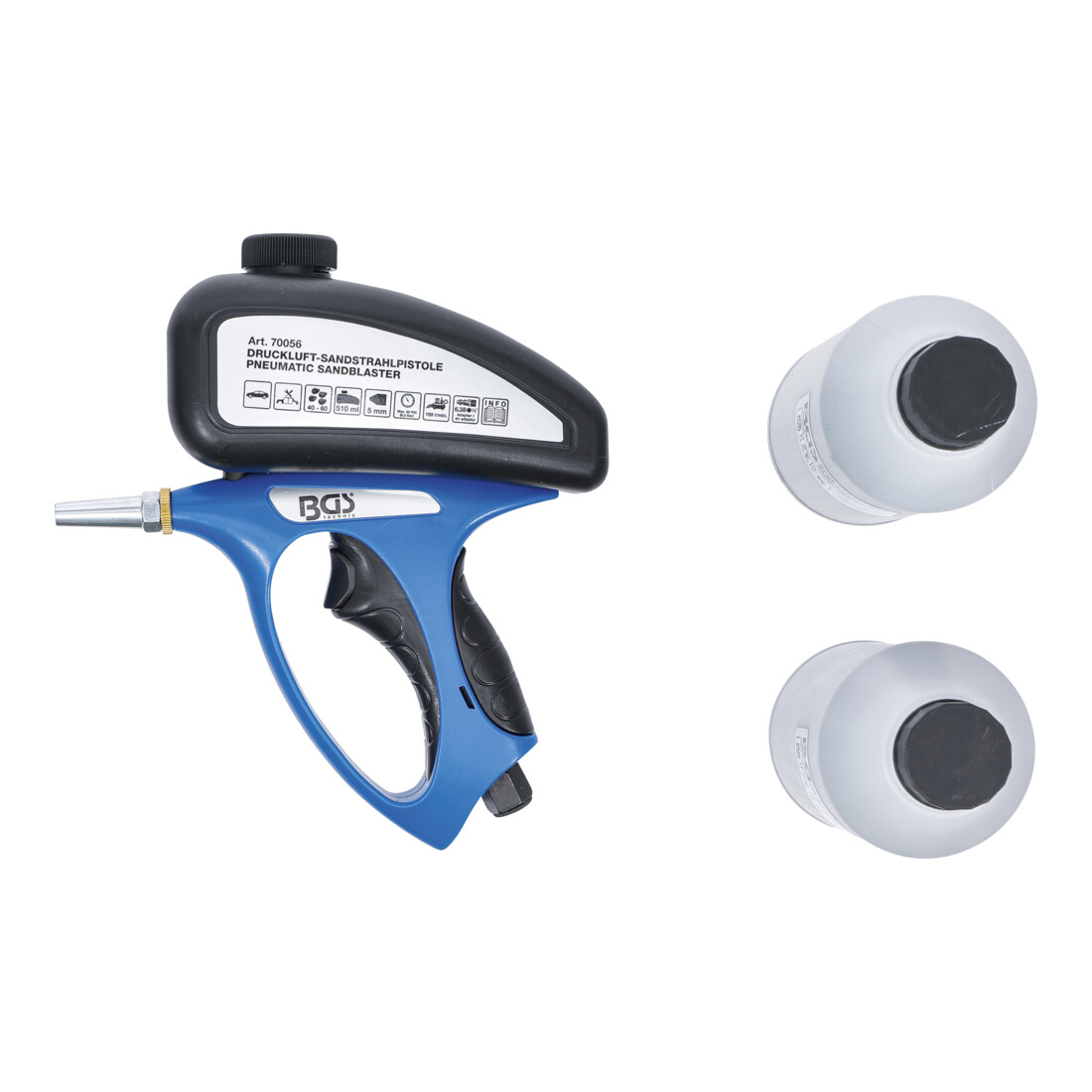 BGS Pistola di sabbiatura ad aria compressa, con accessori, 3pz. con contenitore per sabbia da sabbiatura in plastica (ABS), capacità 510ml.
