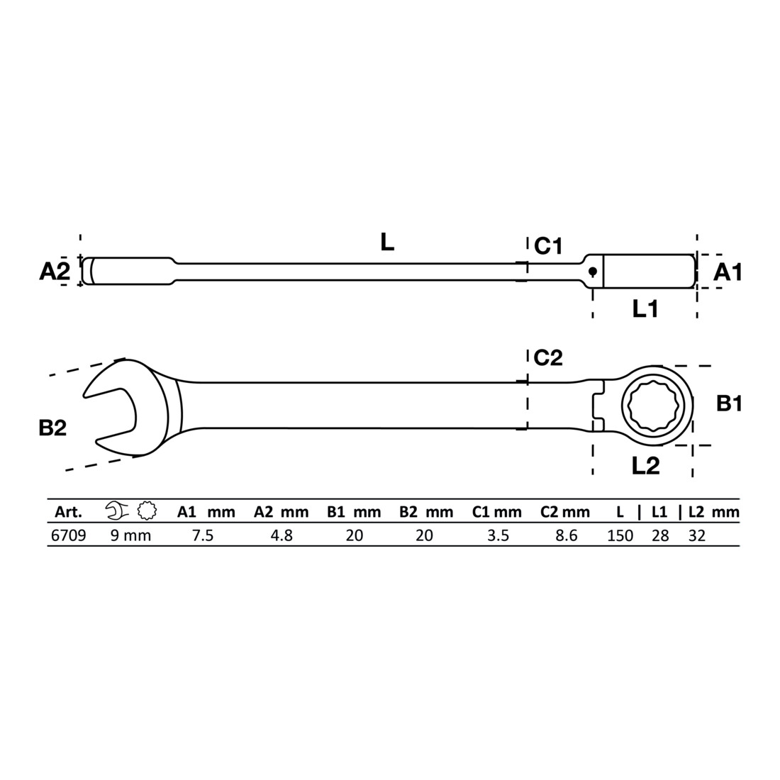 BGS Ratel knie ringsteeksleutel | 9 mm
