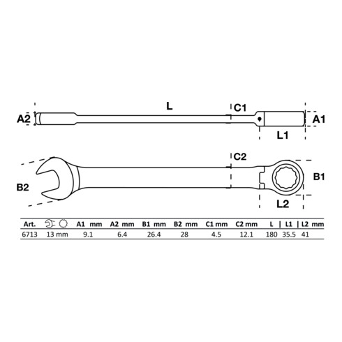 BGS Ratschenring-Maulschlüssel 6713, abwinkelbar, SW 13 mm