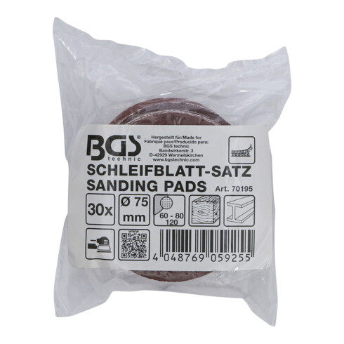 BGS Schleifblatt-Satz für Exzenterschleifer Ø 75 mm K 60 - 80 - 120 30-tlg.