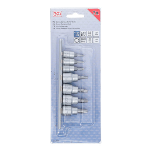 BGS Schraubenausdreher-Satz 7098, Antrieb Innenvierkant 6,3 mm (1/4") / 10 mm (3/8"), für defektes T-Profil (für Torx), T10 - T40, 7-tlg.
