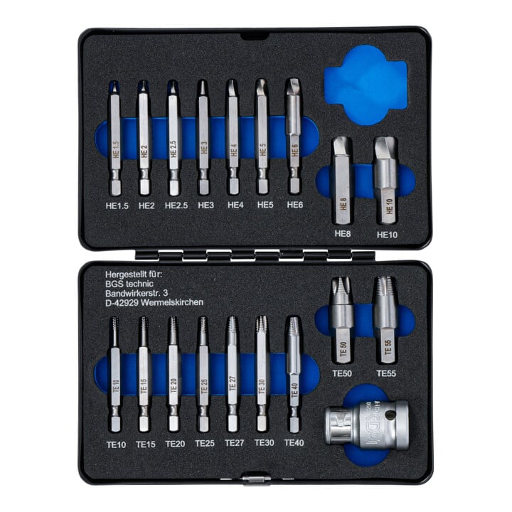 BGS Schraubenausdreher-Satz 9173, für Innensechskant 1,5 - 10 mm / T-Profil (für TX), T10 - T55, 19-tlg.