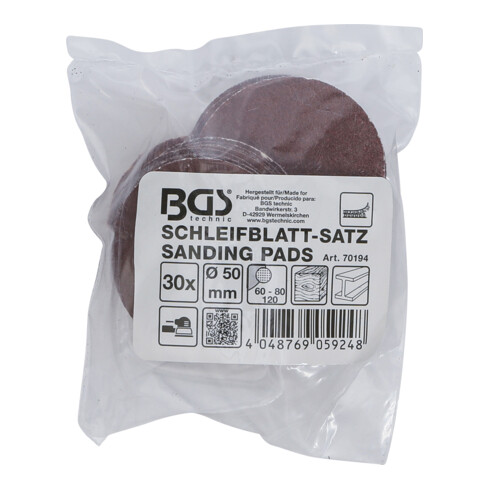 BGS Schuurbladen set voor excentrische schuurmachine Ø 50 mm K 60 - 80 - 120 30 dlg.