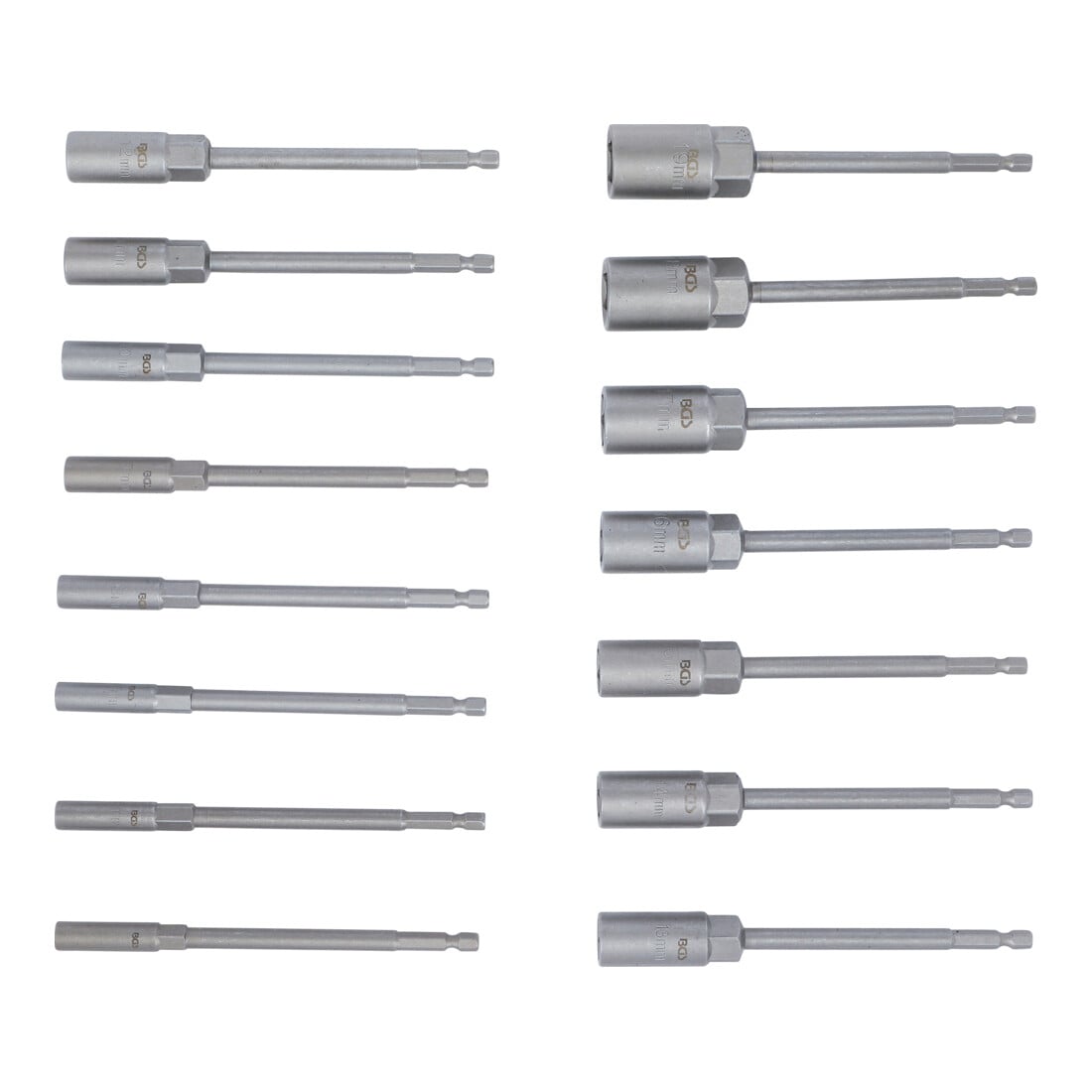 BGS Serie di bussole, esagonali, extra lunghi, attacco esagono esterno 6,3 mm (1/4"), per trapani, 5,5 - 19 mm, 15pz.