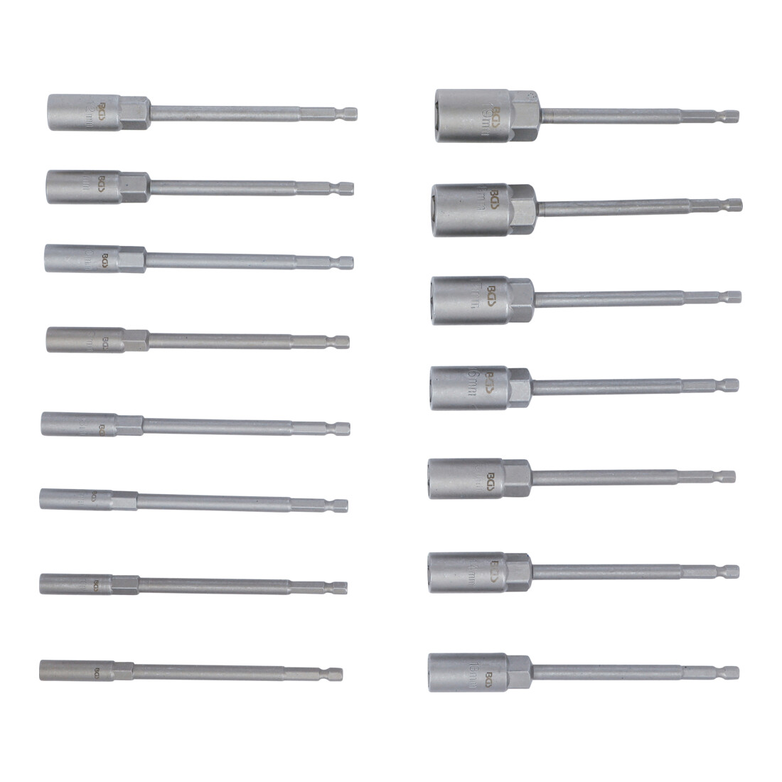 BGS Serie di bussole, esagonali, extra lunghi, attacco esagono esterno 6,3 mm (1/4"), per trapani, 5,5 - 19 mm, 15pz.