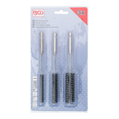BGS Serie di levigatori cilindro freni, flessibile, attacco esagono esterno 6,3 mm (1/4"), Grana 60 / 80, 8 - 12 - 20 mm, 3 pz.
