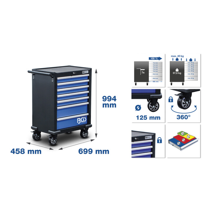 BGS Servante d’atelier, 7 tiroirs, avec 263 outils
