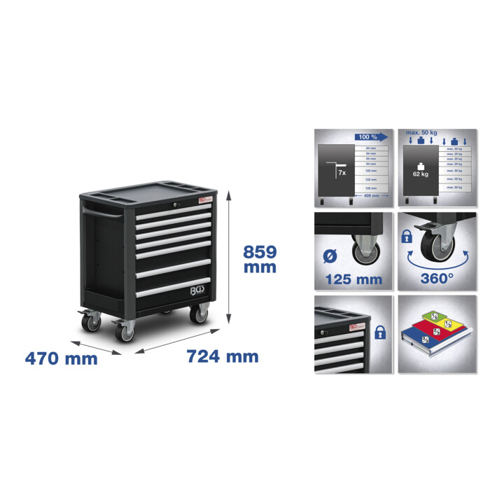 BGS Servante d’atelier, 7 tiroirs, hauteur extra basse, avec 209 outils