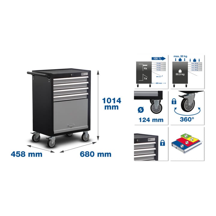BGS Servante d'atelier, "Profil Junior" 4 tiroirs avec 151 outils