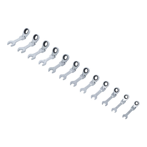BGS Set di chiavi combinate a cricchetto, corte, snodate, 8 - 19 mm, 12 pezzi