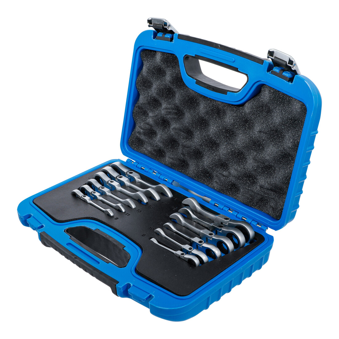 BGS Set di chiavi combinate a cricchetto, corte, snodate, 8 - 19 mm, 12 pezzi