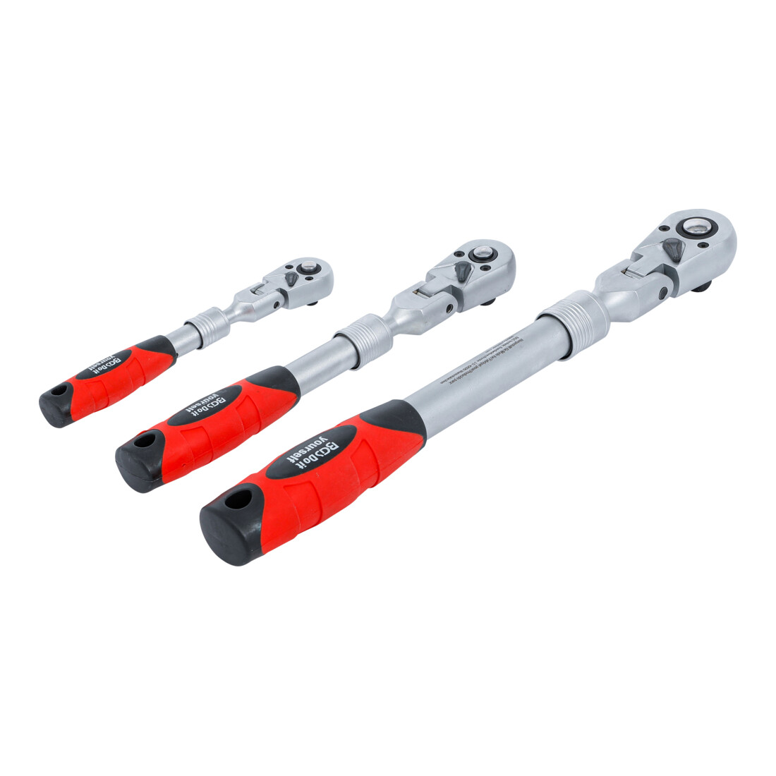 BGS Set di cricchetti reversibili, estensibile, snodabile, azionamento quadrato esterno 6,3 mm (1/4") - 10 mm (3/8") - 12,5 mm (1/2"), 3 pezzi