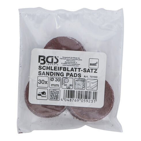 BGS Set di fogli abrasivi per levigatrice rotorbitale, Ø30mm K 60 - 80 - 120, 30pz.