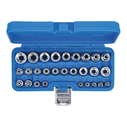 BGS Set di inserti per chiavi a bussola con profilo E, azionamento quadro interno 6,3mm (1/4") / 12,5mm (1/2"), apertura E4 - E24, 28pz.