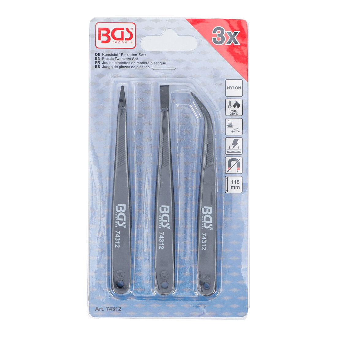 BGS Set di pinzette in plastica, 3 pezzi