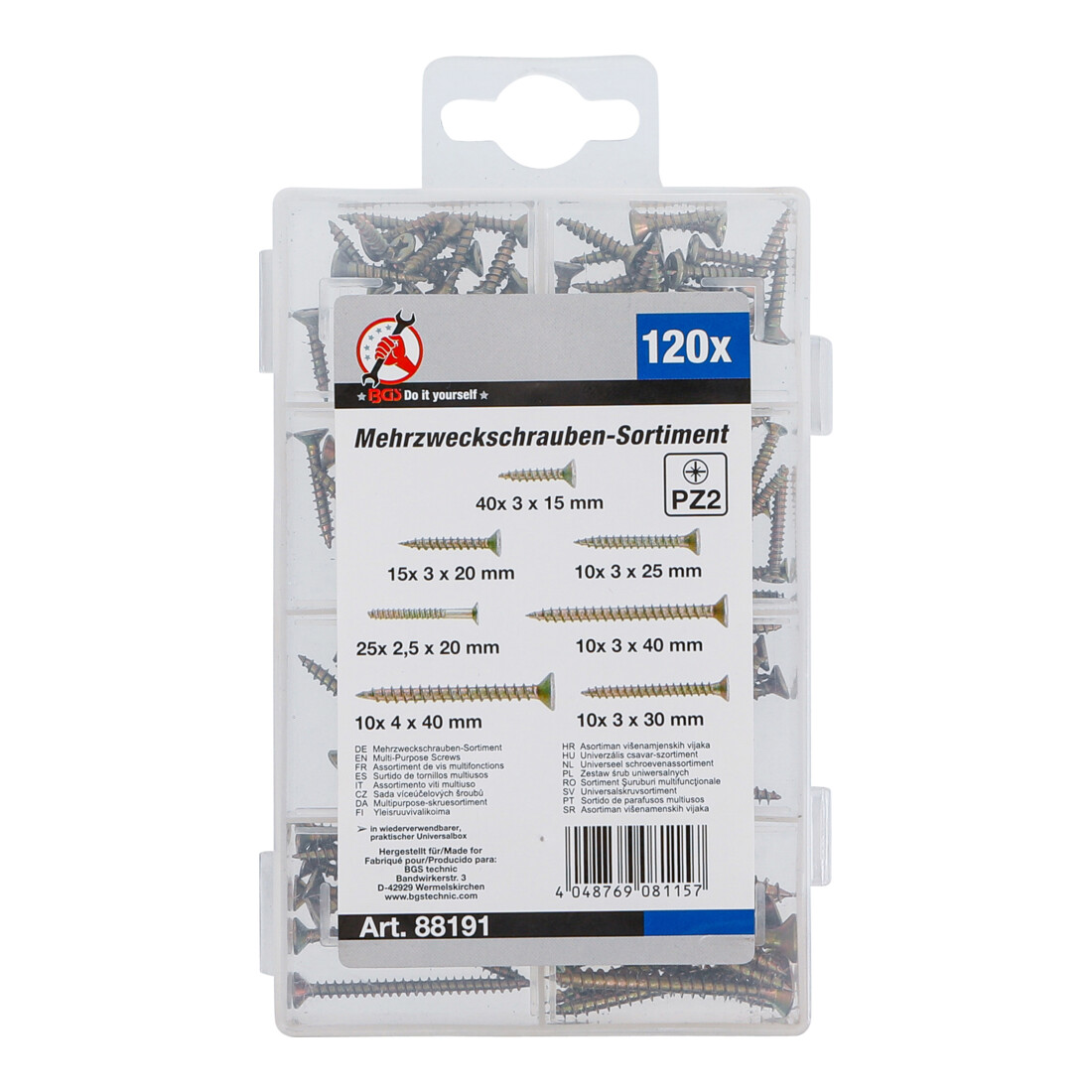 BGS Set di viti multiuso, croce PZ2, 120 pezzi