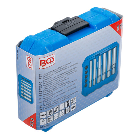 BGS Set inserti articolati per candelette e candele di accensione, attacco quadro interno 6,3 mm (1/4") / 10 mm (3/8"), chiavi esagonali 8 - 9 - 10 - 12 - 14 - 16 mm, 11 pezzi