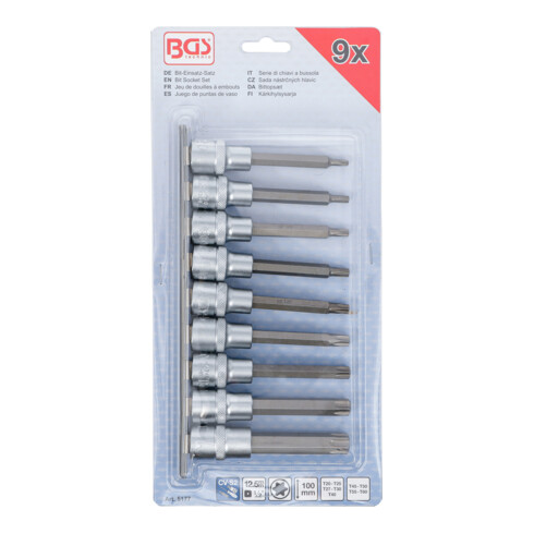BGS Set inserti bit, attacco quadrato interno 12,5 mm (1/2"), profilo a T (per TX), 9 pezzi