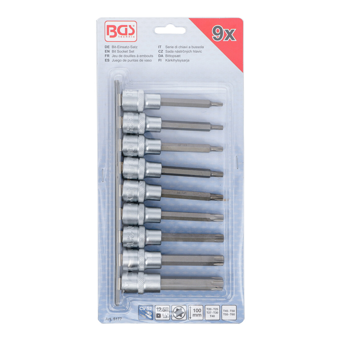 BGS Set inserti bit, attacco quadrato interno 12,5 mm (1/2"), profilo a T (per TX), 9 pezzi