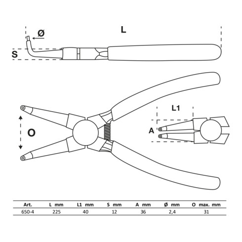 BGS borgveertang gebogen voor interne snap ringen 225 mm