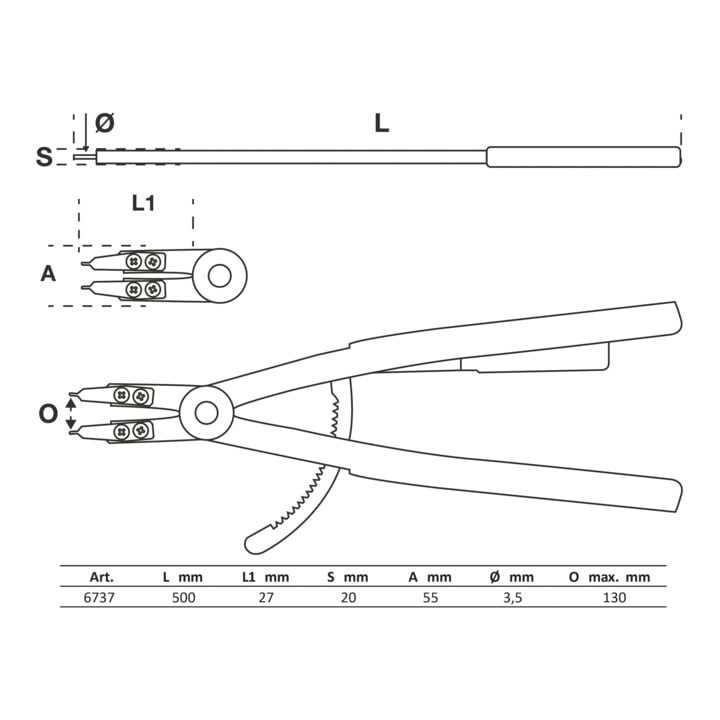 BGS Sprengringzange 6737, gerade, für Innensprengringe, 500 mm