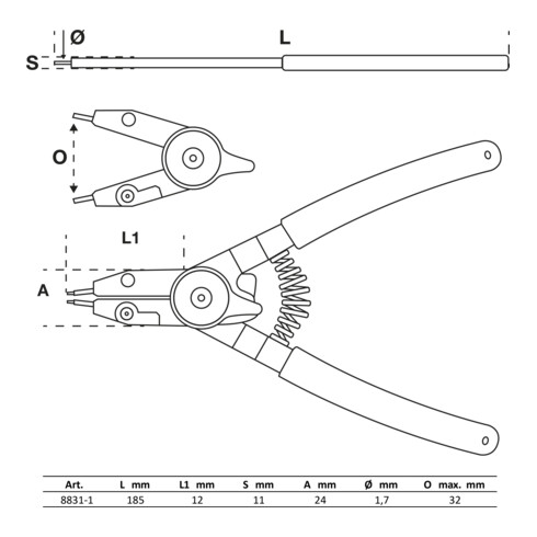 BGS Sprengringzange 8831-1, für Außen-/Innensprengringe, auswechselbare Spitzen, 180 mm