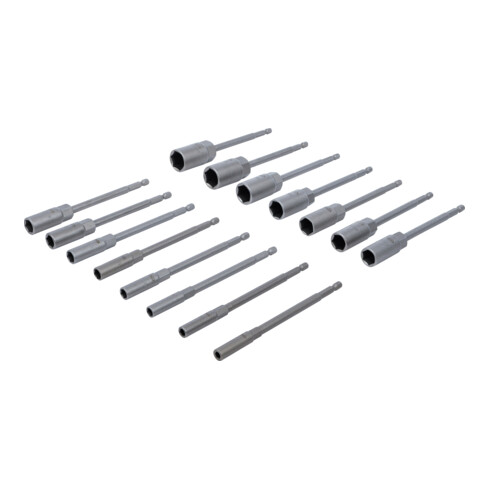 BGS Steckschlüssel-Einsatz-Satz, Sechskant 70147, extra lang, Antrieb Außensechskant 6,3 mm (1/4"), für Bohrmaschinen, SW 5,5 - 19 mm, 15-tlg.