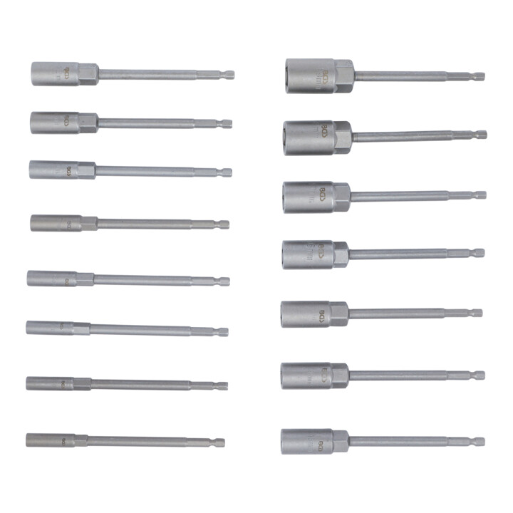 BGS Steckschlüssel-Einsatz-Satz, Sechskant 70147, extra lang, Antrieb Außensechskant 6,3 mm (1/4"), für Bohrmaschinen, SW 5,5 - 19 mm, 15-tlg.