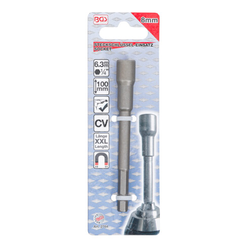 BGS Steckschlüssel-Einsatz Sechskant 2764, extra lang, für Bohrmaschinen, Antrieb Außensechskant 6,3 mm (1/4"), SW 8 mm