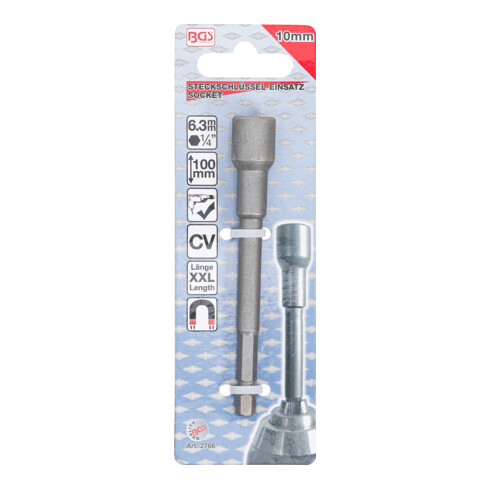 BGS Steckschlüssel-Einsatz Sechskant 2766, extra lang, für Bohrmaschinen, Antrieb Außensechskant 6,3 mm (1/4"), SW 10 mm
