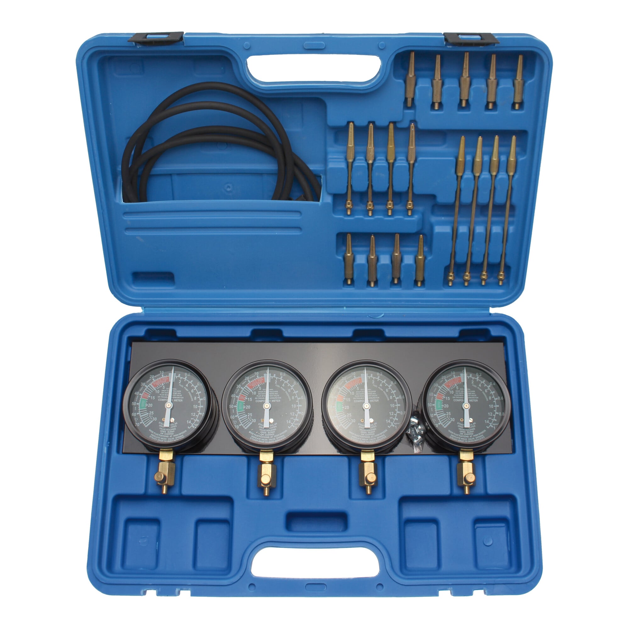 BGS Technic Synchron-Vergaser-Testgerät mit 4 Synchronuhren 29 teilig aus Metall und Kunststoff für Vergaser mit verschiedenen Anschlüssen, 62670