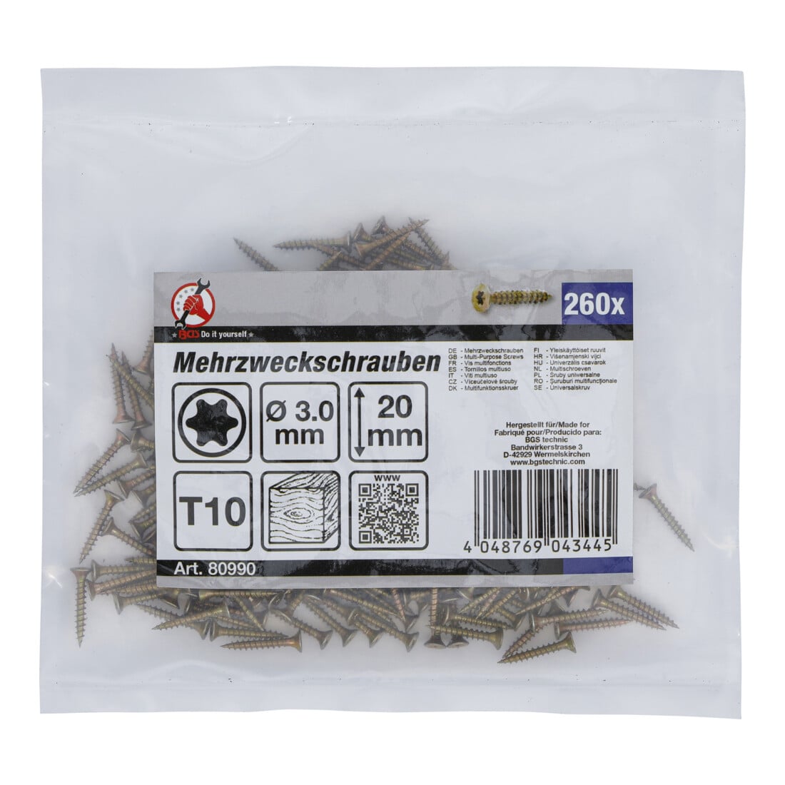 BGS Vis multifonctions profil en T (pour TX) T10 3,0 x 20 mm 260 pièces