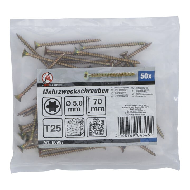 BGS Vis multifonctions profil en T (pour TX) T25 5,0 x 70 mm 50 pièces