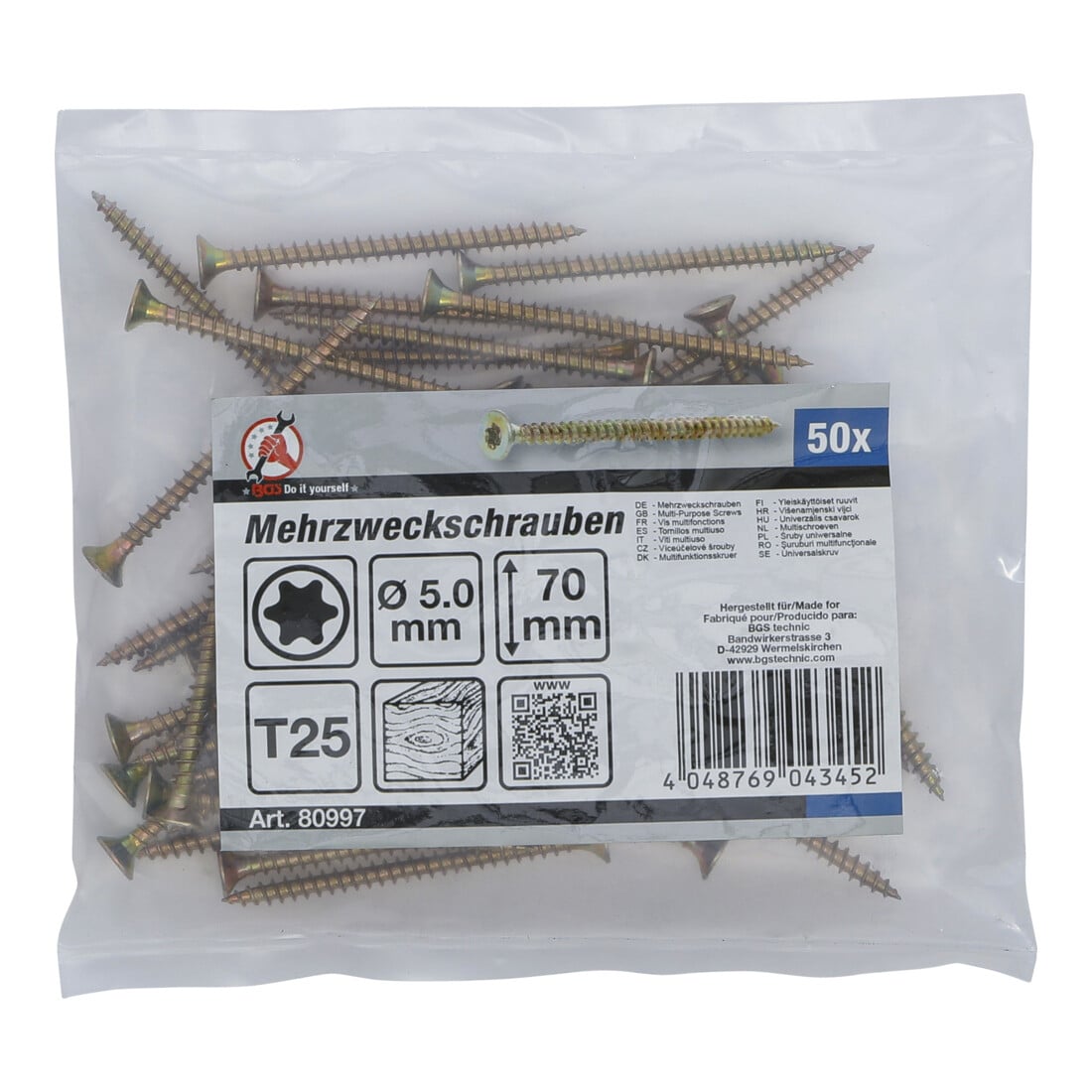 BGS Vis multifonctions profil en T (pour TX) T25 5,0 x 70 mm 50 pièces