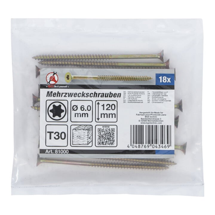 BGS Vis multifonctions profil en T (pour TX) T30 6,0 x 120 mm 18 pièces