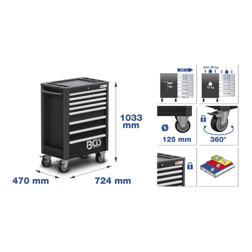 BGS Werkstattwagen Profi Exclusive 8 Schubladen mit 255 Werkzeugen + 1 Gas-Heizpilz