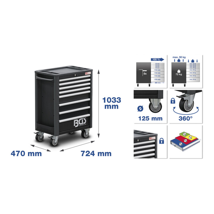BGS Werkstattwagen Profi Exclusive 8 Schubladen mit 255 Werkzeugen + 1 Gas-Heizpilz
