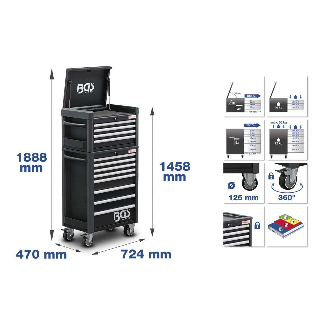 BGS Werkstattwagen Profi Standard Maxi, 12 tiroirs, avec 263 outils