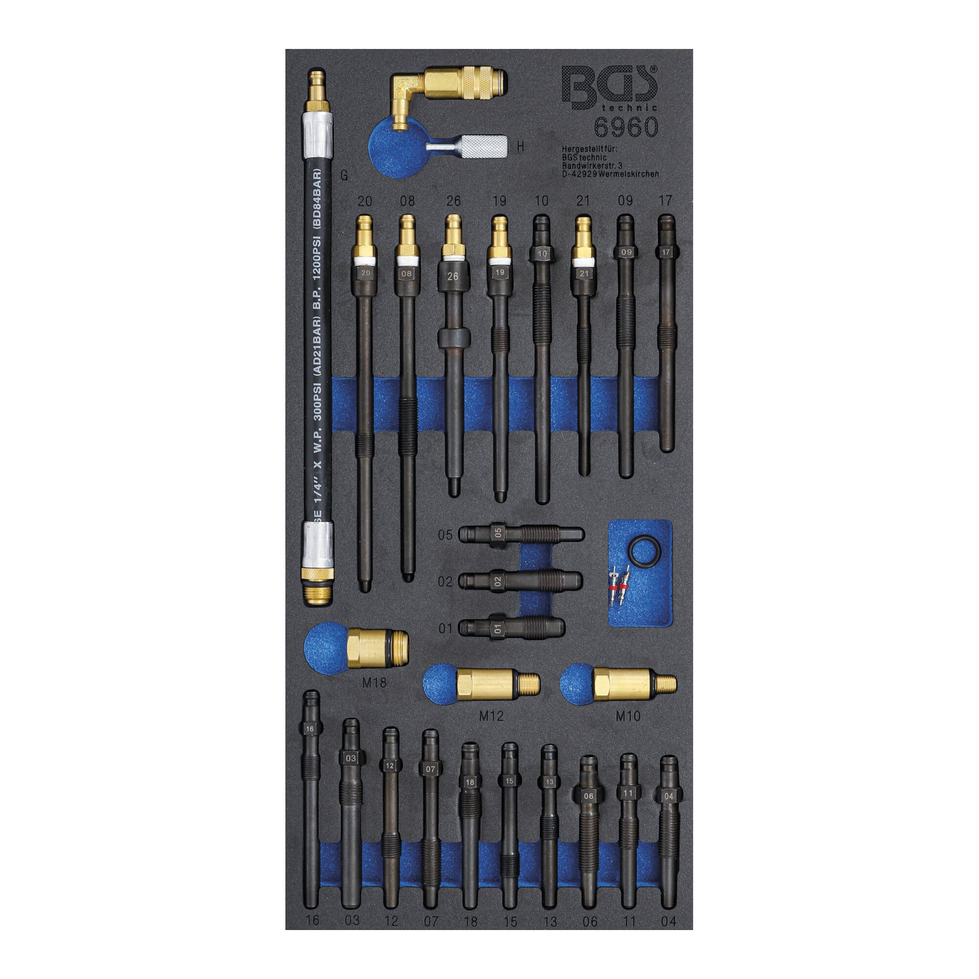 BGS Werkstattwageneinlage 1/3: Adapter-Satz für Kompressions- und Druckverlusttester 6960, 30-tlg. ; BGS technic