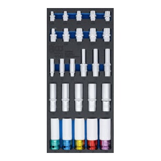 BGS Werkstattwageneinlage 1/3: Steckschlüssel-Einsätze 4147, Sechskant, tief 11 – 22 mm, E-Profil E10 - E22, 6,3 mm (1/4"), 10 mm (3/8"), 12,5 mm (1/2"), 26-tlg.