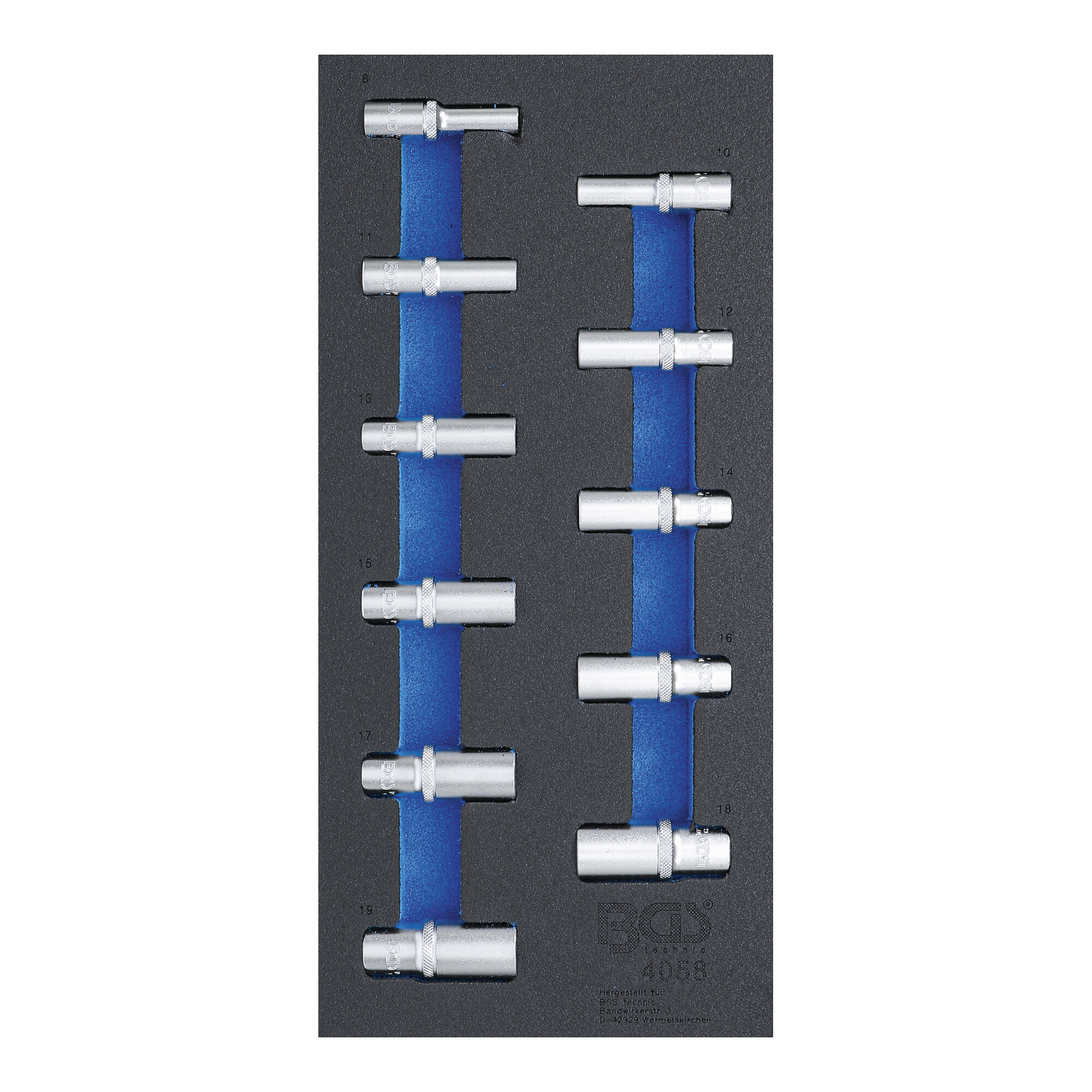 BGS Werkstattwageneinlage 1/3: Steckschlüssel-Einsätze Sechskant 10 mm (3/8 Zoll) 8 - 19 mm tief 11 teilig ; BGS technic