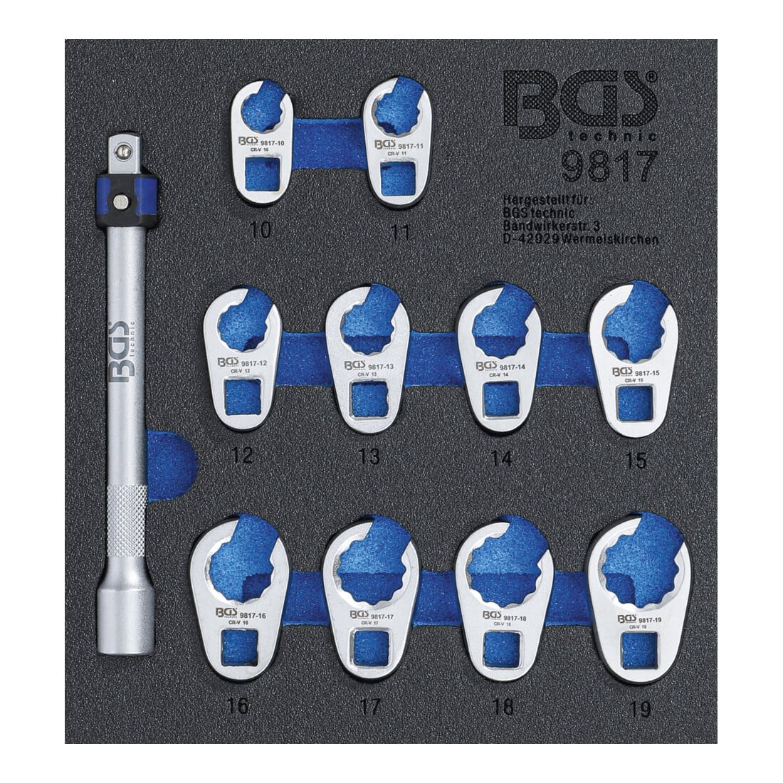 BGS Werkstattwageneinlage 1/6: Hahnenfußschlüssel-Satz 9817, SW 10 - 19 mm, 10 mm (3/8"), 11-tlg.
